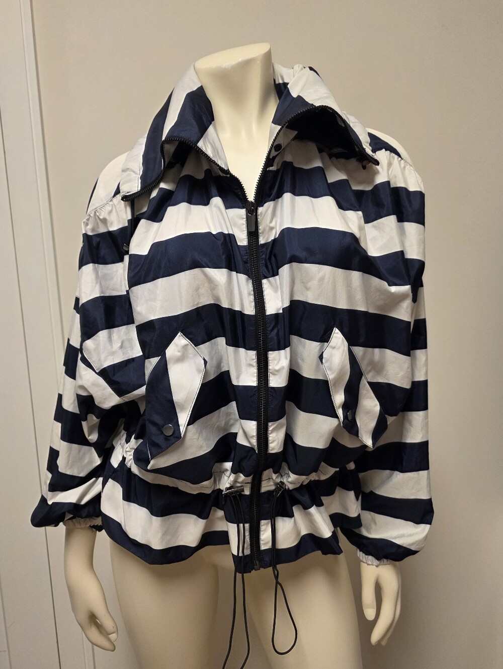 Zara Oversized Striped Windbreaker Funnel Neck Jacket With Hidden Hood XS